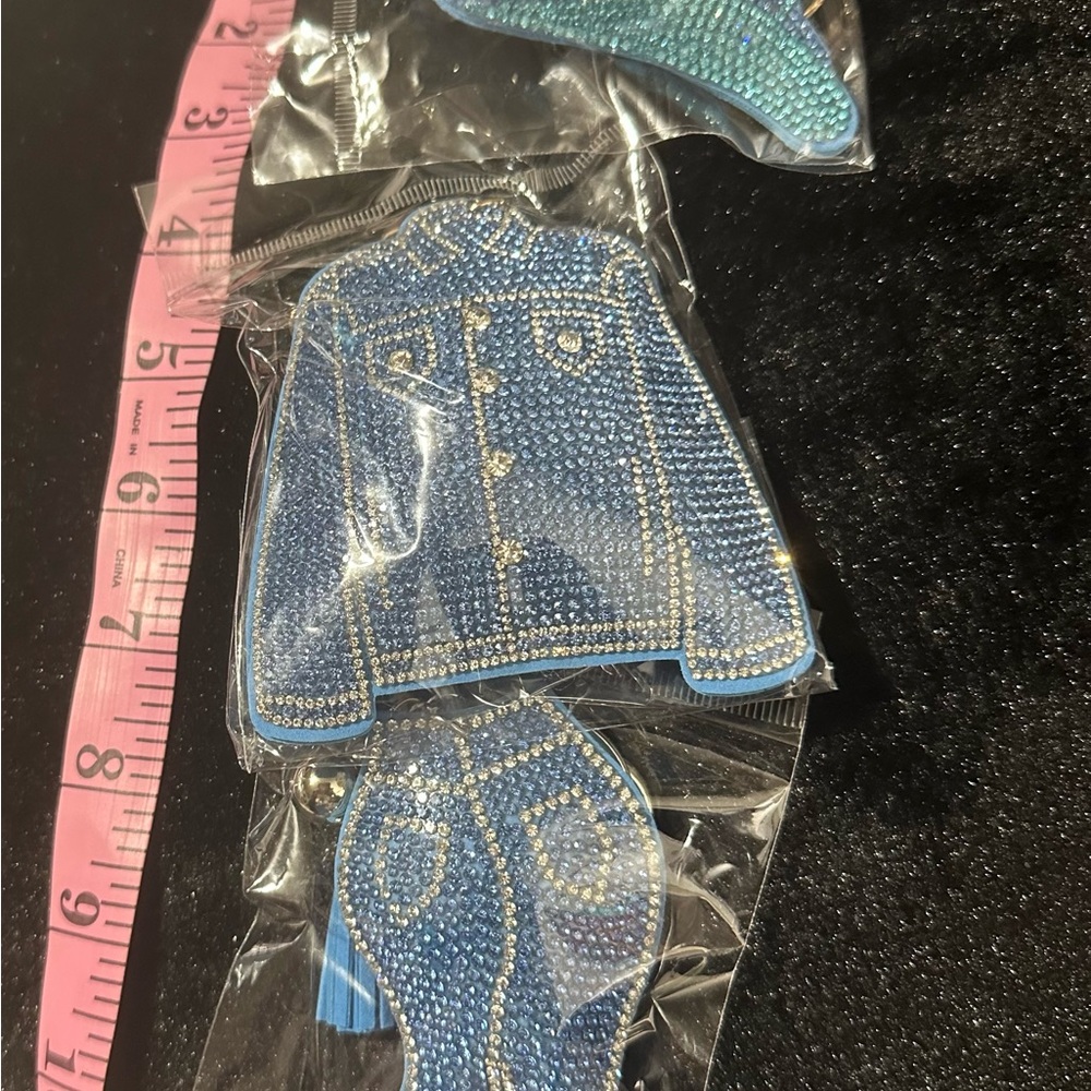 Blue Rhinestone Jacket, Pants, and Hat Keychain Purse Charms Set